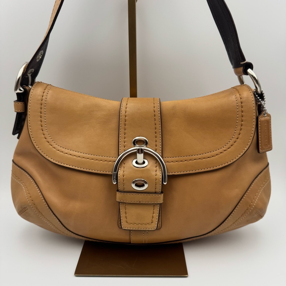 Authentic Vintage Coach Soho Leather Flap Shoulder Bag F12301 Beige Camel